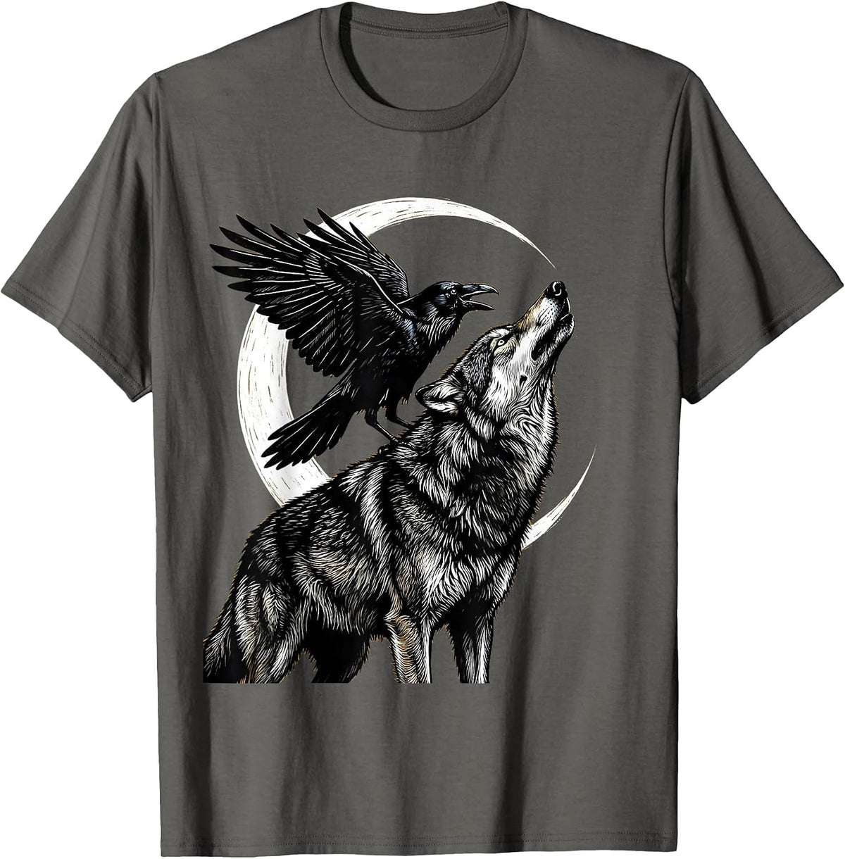Crow and Wolf Howling Together Wildlife Art T-Shirt - Asphalt Grey
