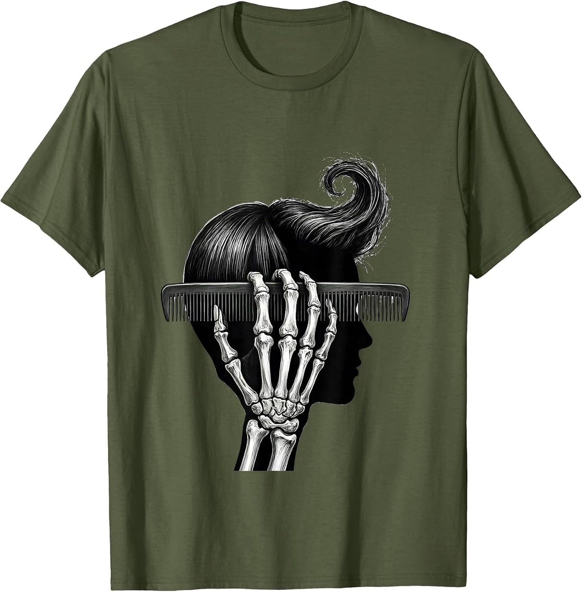 Men's Raised Comb Skeleton Hairstylist Halloween Humor T-Shirt - Olive Green