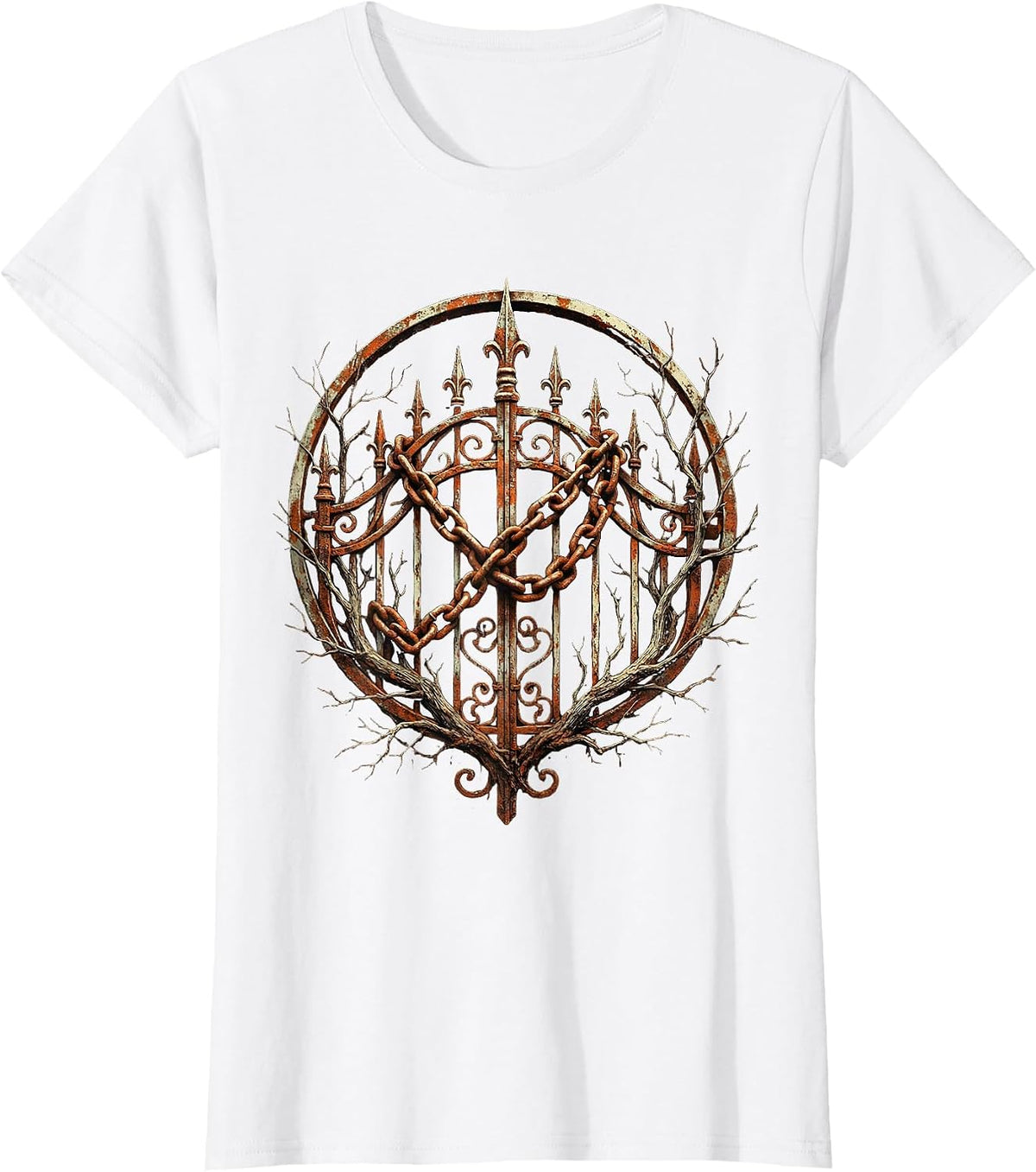 Rusted Chain Cemetery Gate Grunge Illustration T-Shirt - White