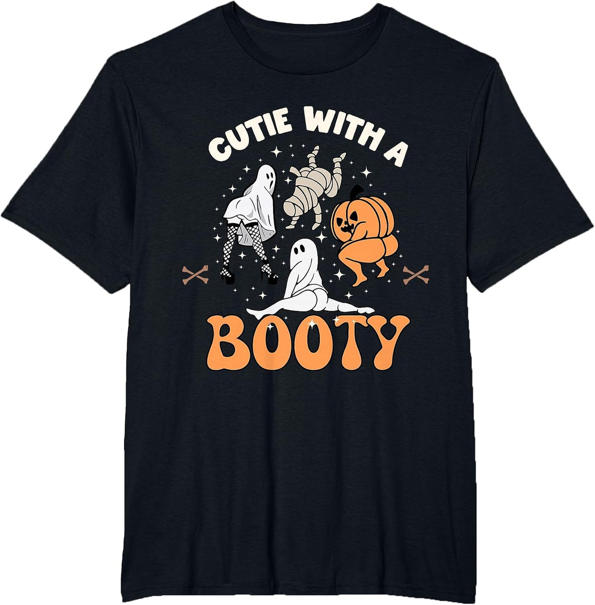 Cutie with A Booty Halloween Joke Twerking Ghost Splits Heel T-Shirt - Black
