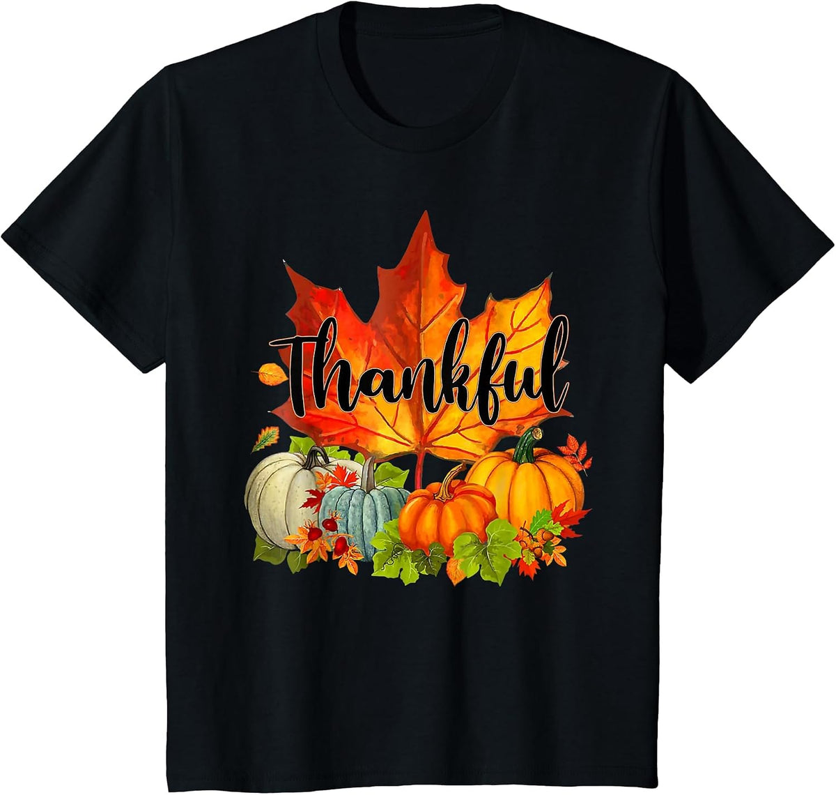 Happy Thanksgiving Day Autumn Fall Maple Leaves Thankful T-Shirt - Black