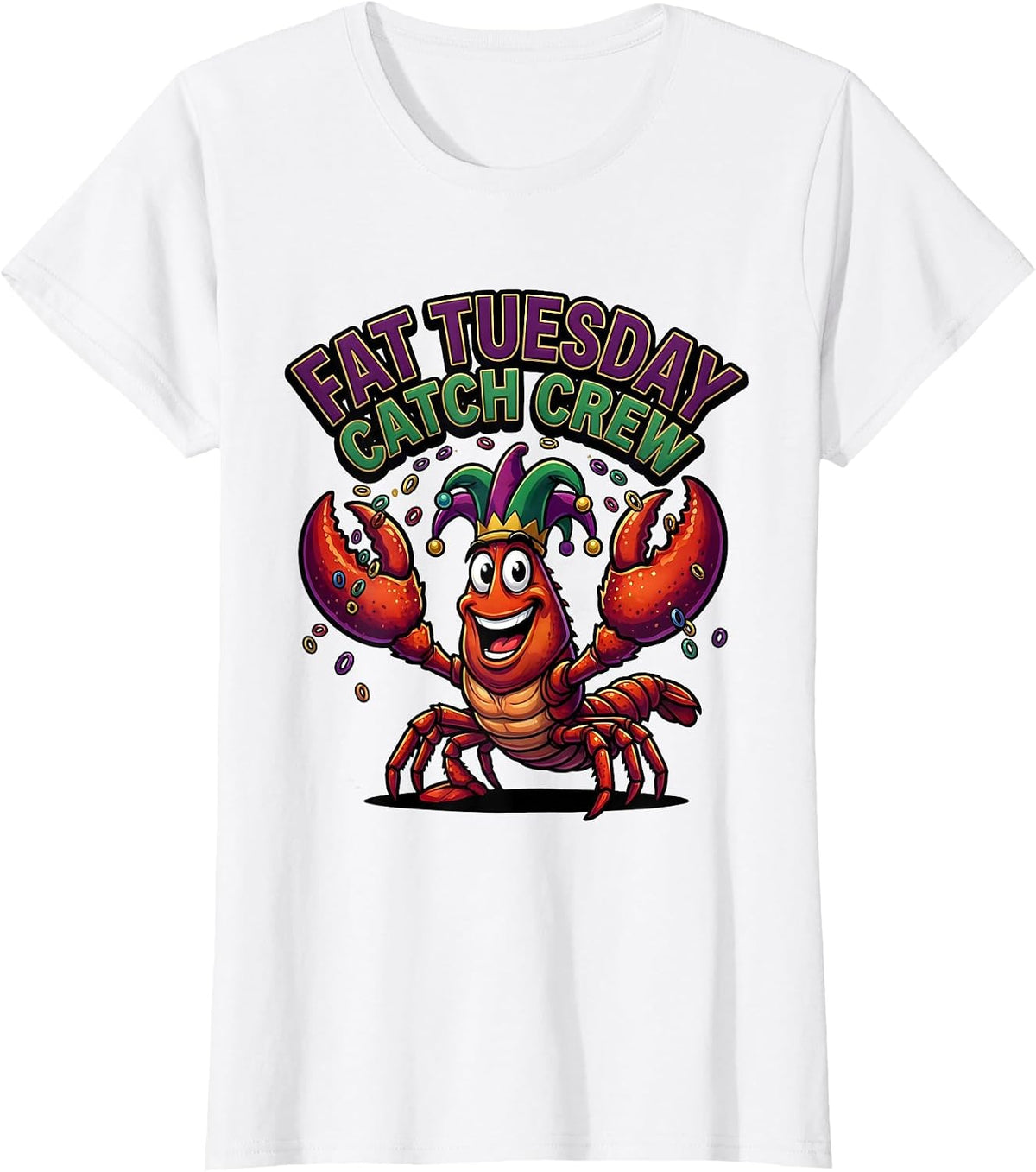Fat Tuesday Catch Crew Cartoon Crawfish Jester Mardi Gras T-Shirt - White