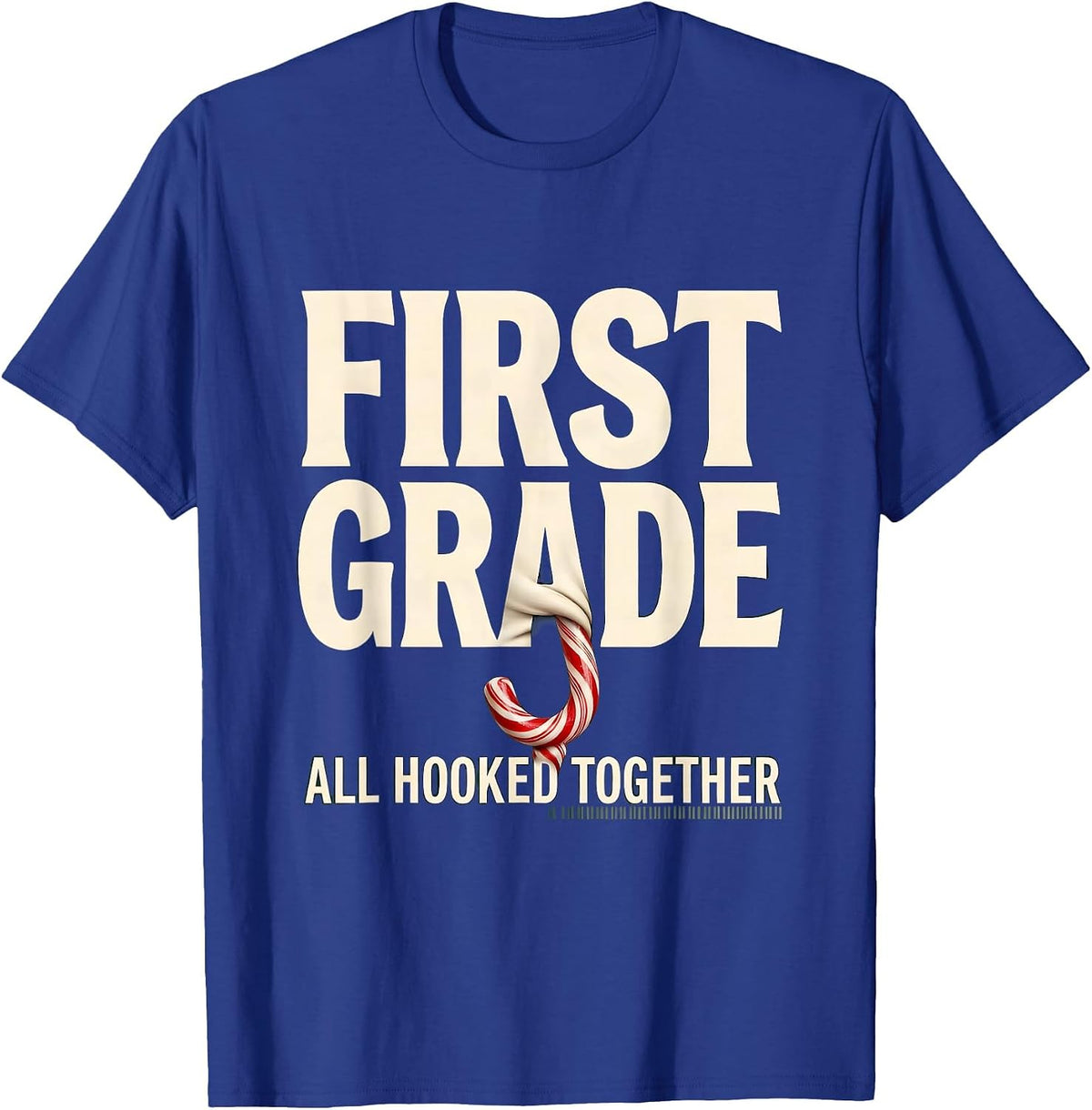 Men's First Grade All Hooked Together Christmas Teacher Candy Cane T-Shirt - Royal Blue
