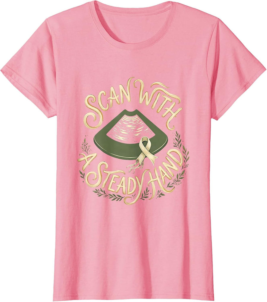 Women's Scan With A Steady Hand Boho Typography Mammography T-Shirt - Pink