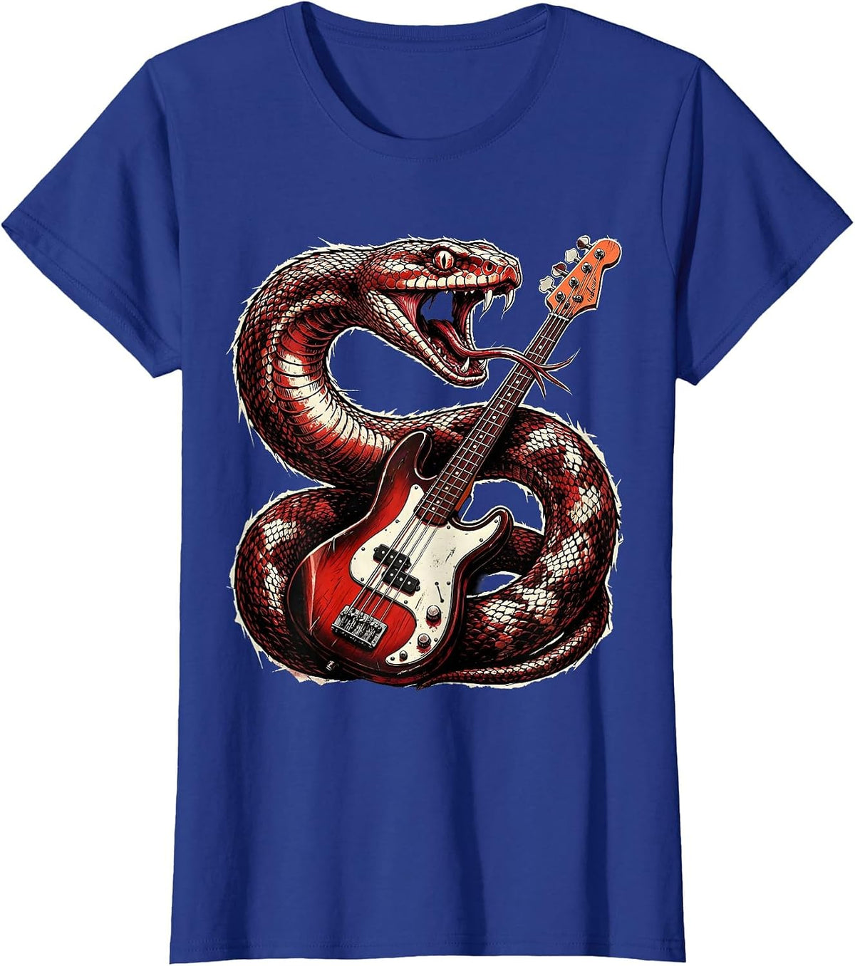 Women's Serpent Coiled Bass Guitar Rock Music Graphic T-Shirt - Royal Blue