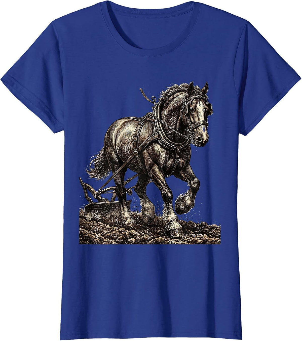 Women's Draft Horse Plowing Field Graphic Tee T-Shirt - Royal Blue