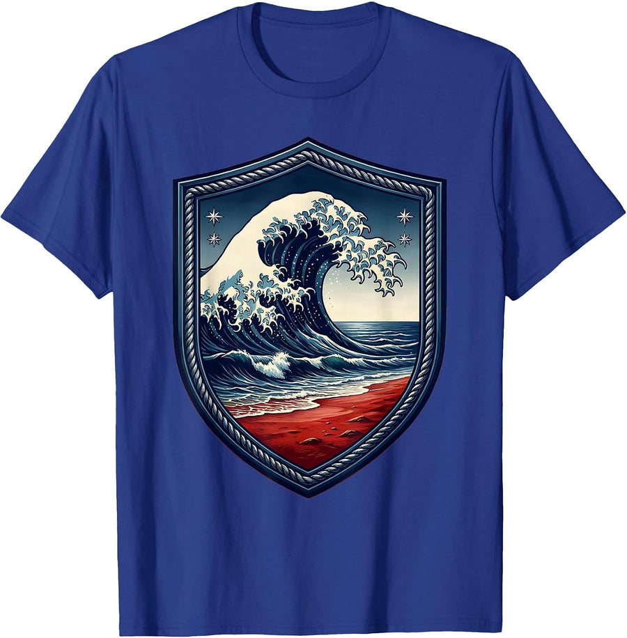 Red White and Blue Wave Crashing on Sandy Shore T-Shirt - Royal Blue