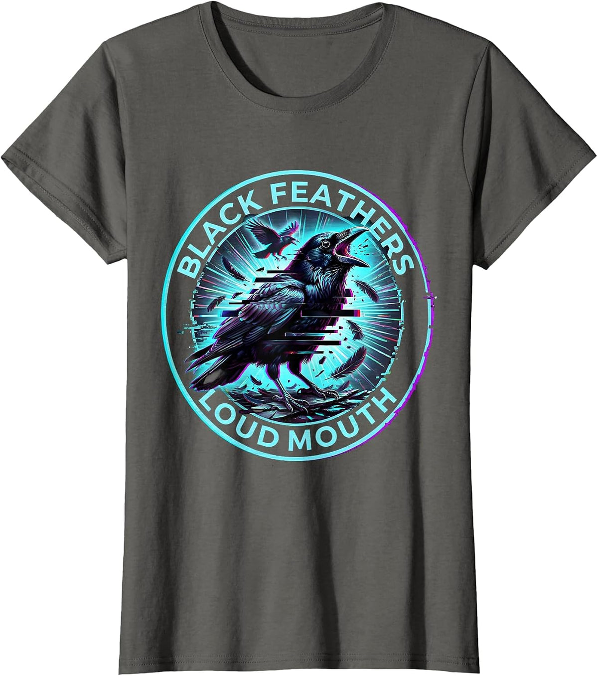 Women's Black Feathers Loud Mouth Bold Bird Design T-Shirt - Asphalt Grey