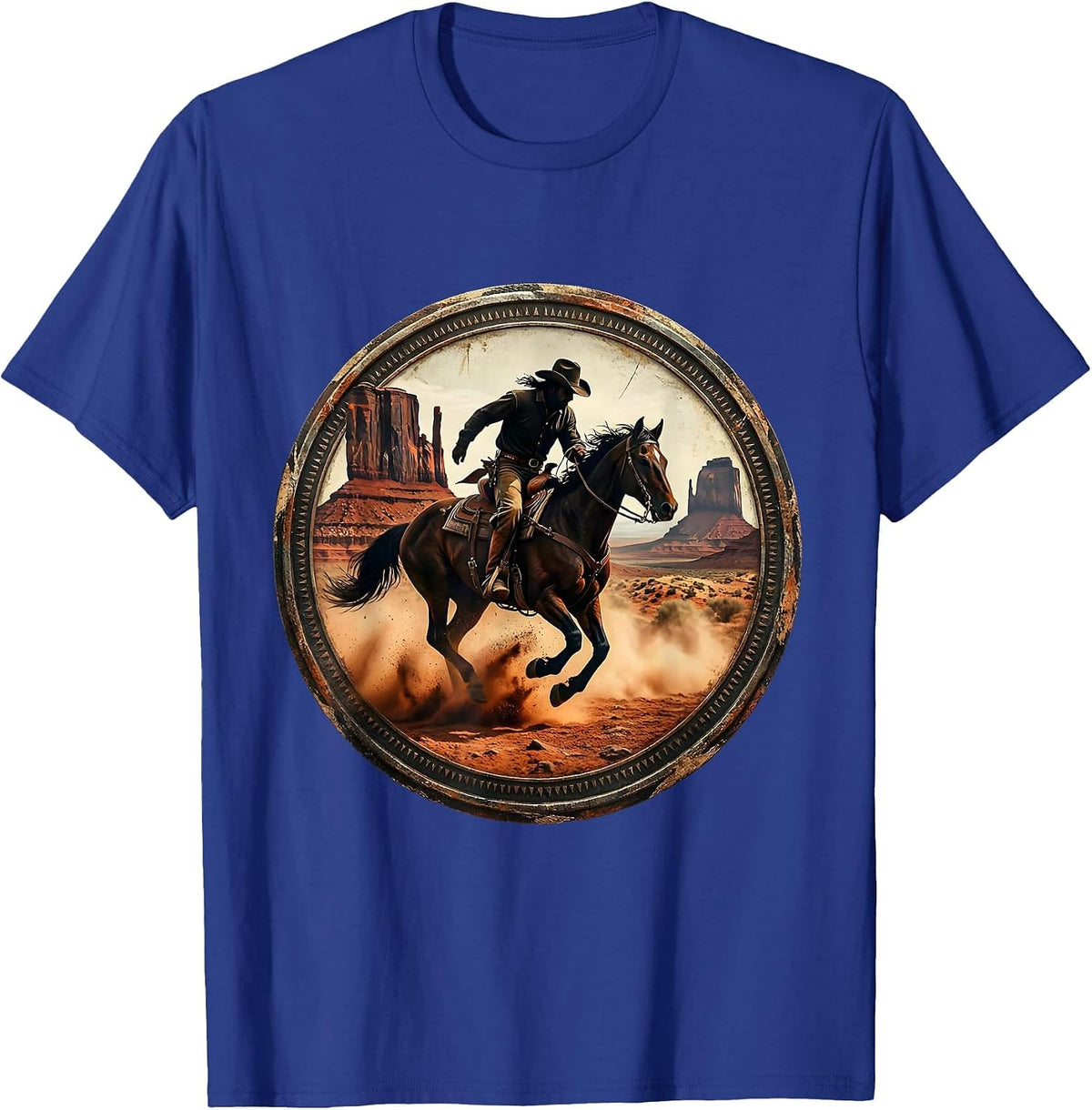 Men's Cowboy Riding Horse Through Canyon Dust T-Shirt - Royal Blue