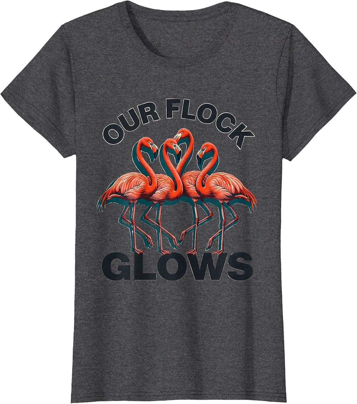 Women's Our Flock Glows Funny Flamingo Lover Novelty T-Shirt - Dark Heather Grey