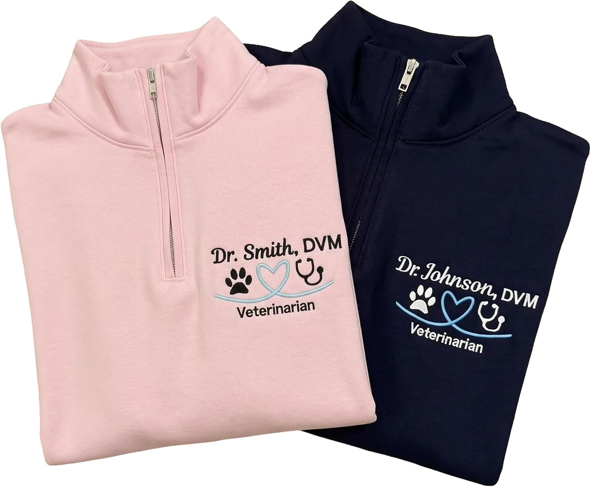 Personalized Vet Tech Embroidered Quarter Zip Sweatshirt, Custom DVM Gifts - Ds2