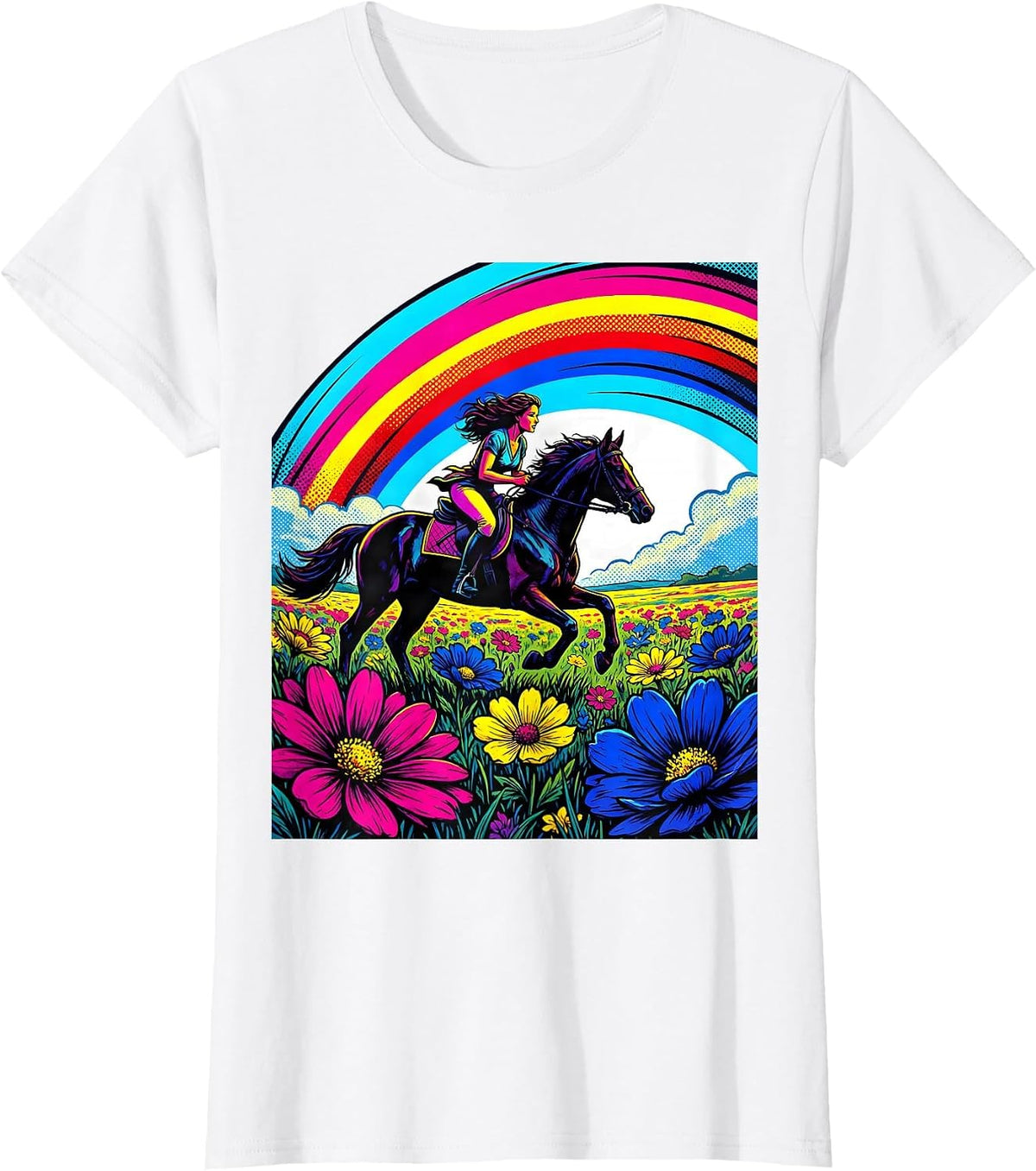 Rainbow Meadow Horse Rider Colorful Nature Art T-Shirt - White