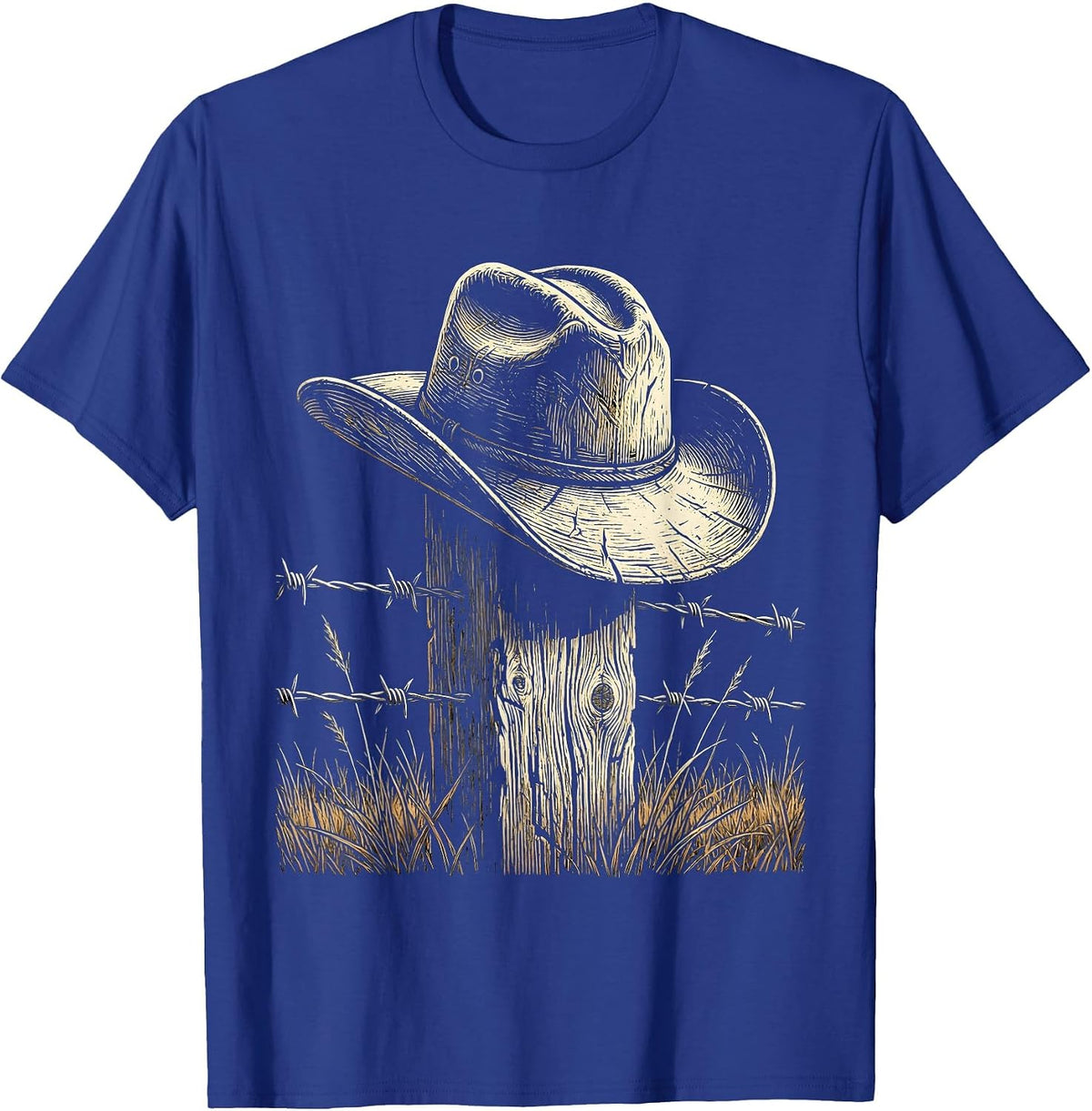 Cowboy Hat on Fence Post Western Illustration T-Shirt - Royal Blue