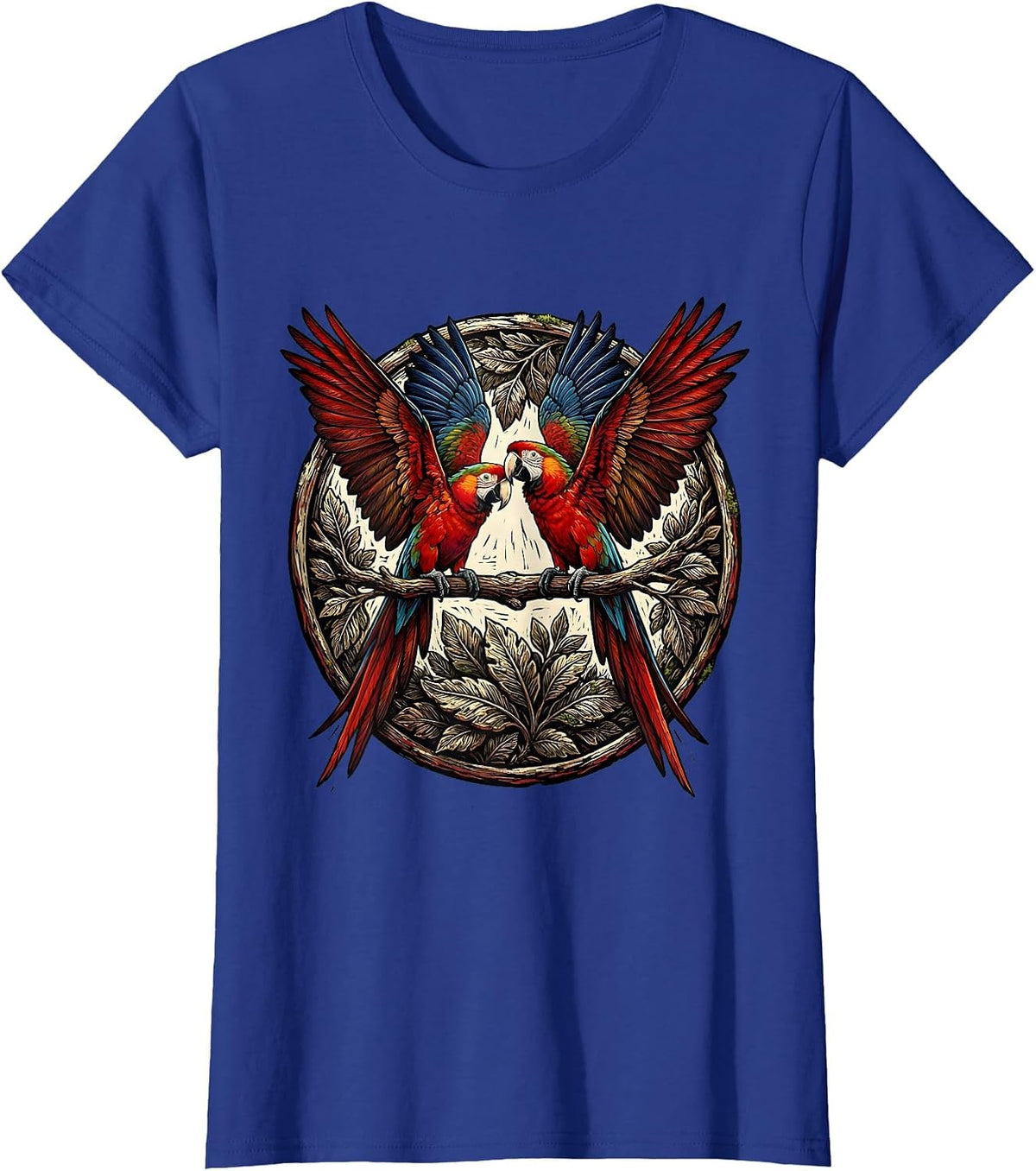 Women's Colombia Macaw Pair Rainforest Branch Illustration T-Shirt - Royal Blue
