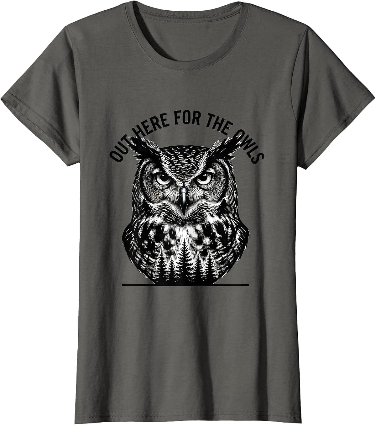 Women's Out Here For The Owls Scratchboard Forest Wildlife Animal T-Shirt - Asphalt Grey
