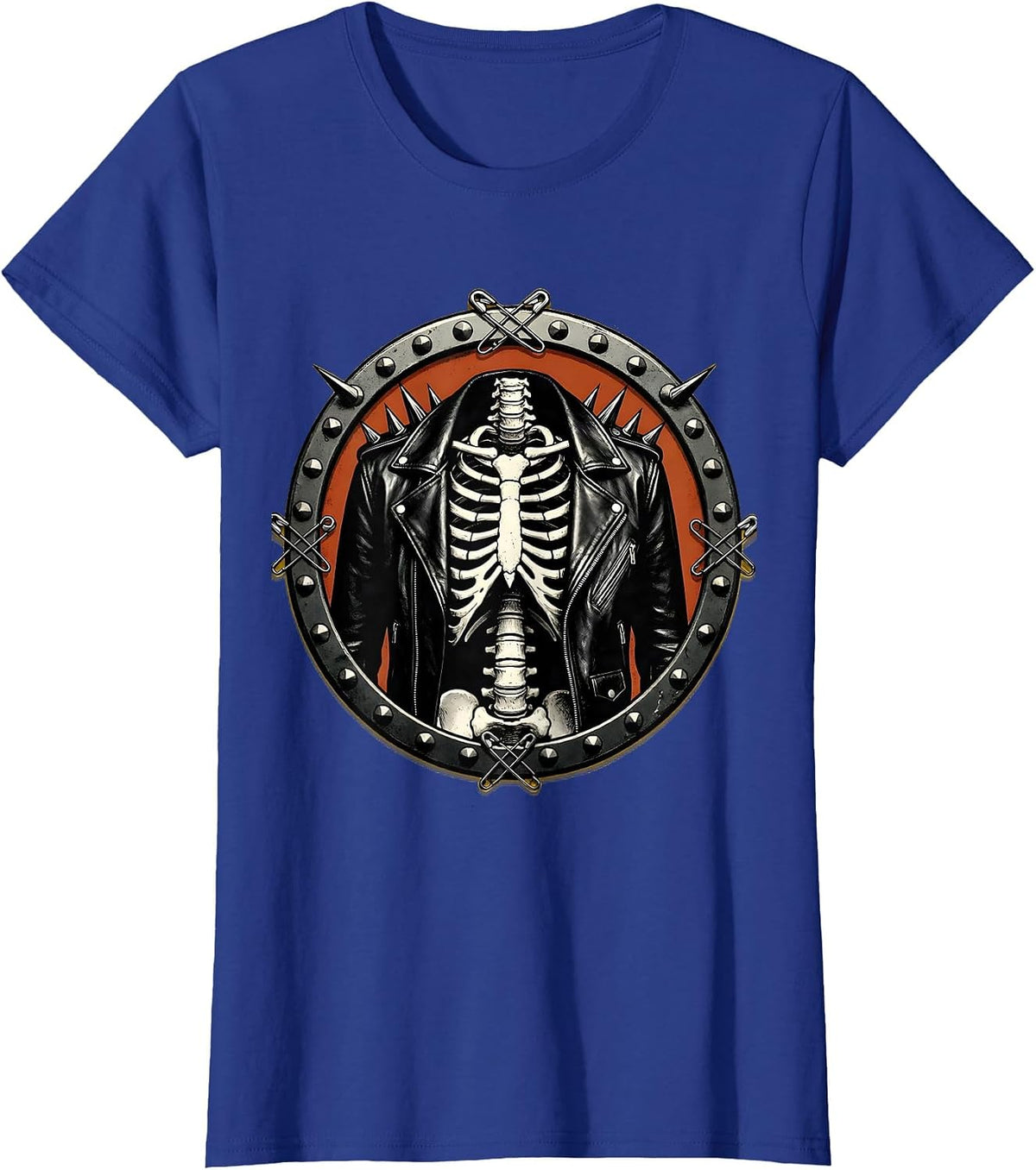 Women's Punk Skeleton Spiked Leather Jacket Graphic T-Shirt - Royal Blue