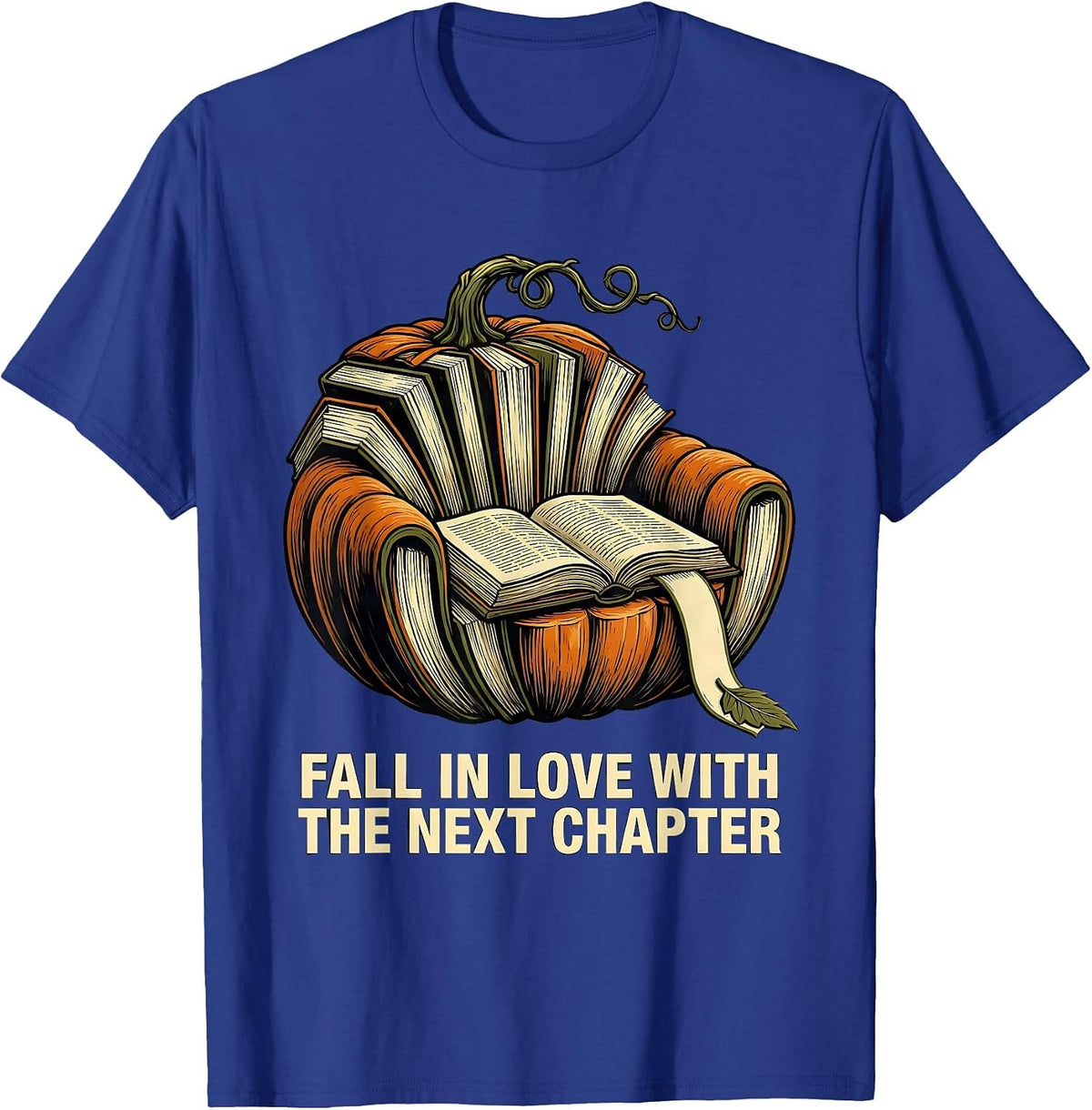Fall In Love With The Next Chapter Cozy Pumpkin Reading T-Shirt - Royal Blue