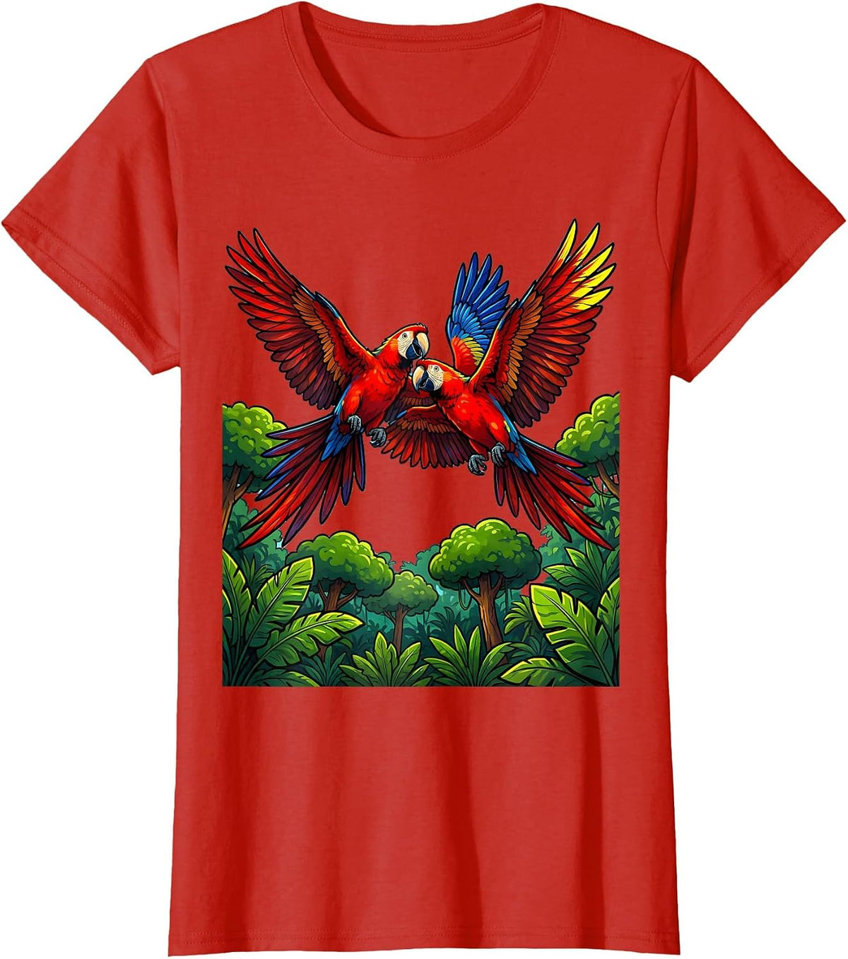 Women's Ecuador Macaw Pair Flying Over Jungle Canopy T-Shirt - Red