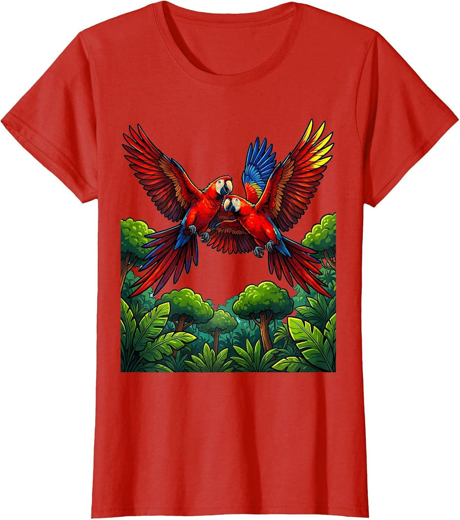 Women's Ecuador Macaw Pair Flying Over Jungle Canopy T-Shirt - Red