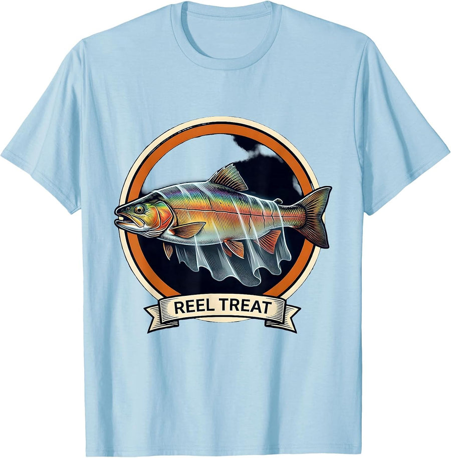 Men's Reel Treat Ghost Draped Trout Halloween Fishing Emblem T-Shirt - Baby Blue