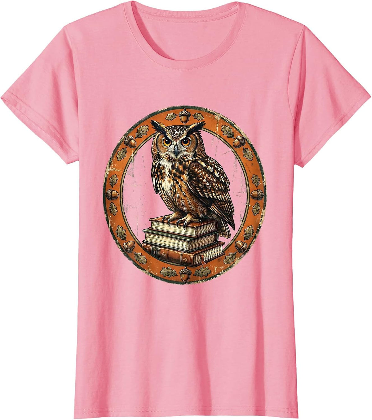Women's Fall Teacher Owl Perched on Stack of Books T-Shirt - Pink