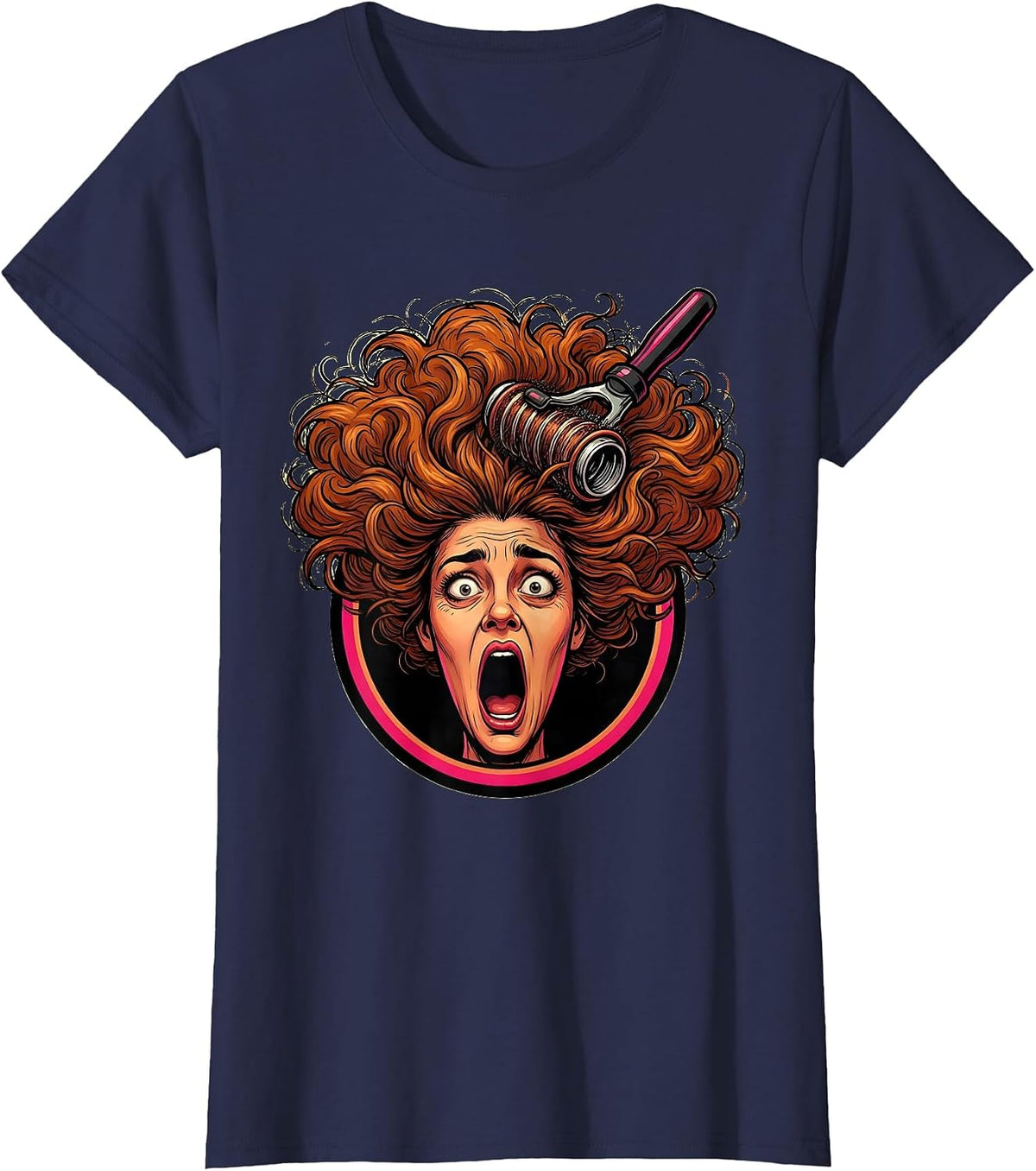 Women's Hair Tangled in Curling Iron Funny Graphic T-Shirt - Navy Blue