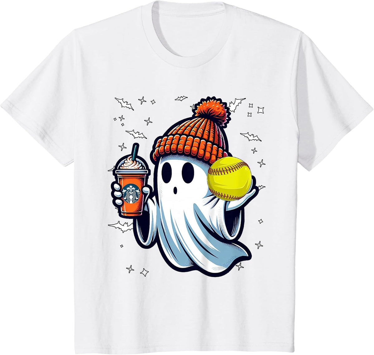 Ghost Pumpkin Drinks Beanie Fall Softball Lovers Halloween T-Shirt - White