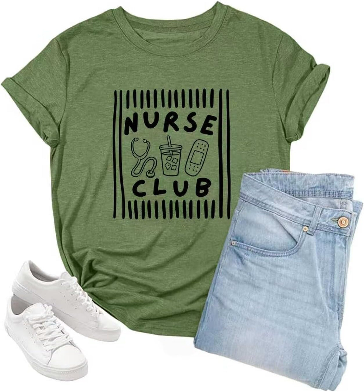 Nurse Shirt for Women School Nurse Gift Cute Crewneck Top Short Sleeve - D-olive Green
