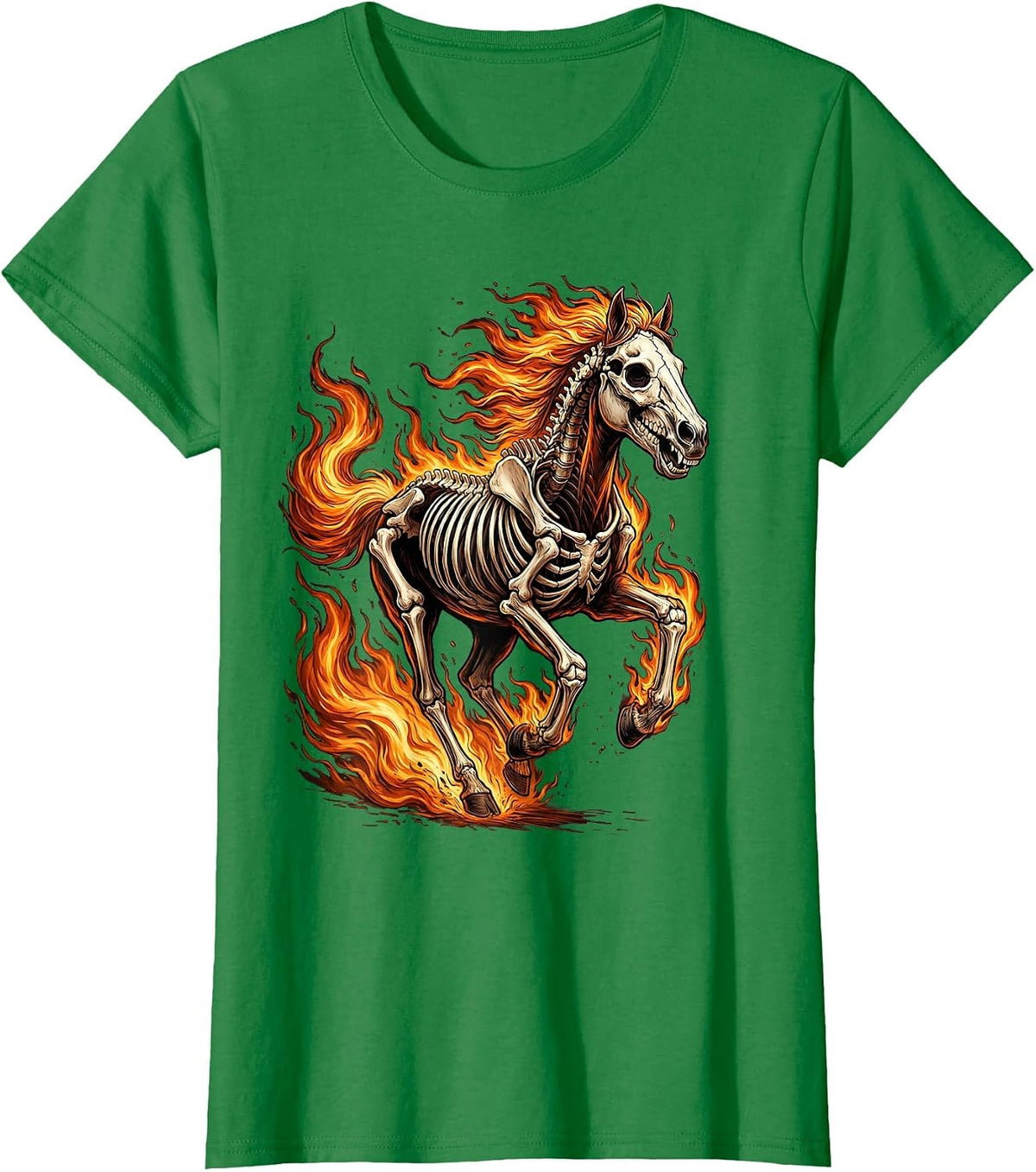 Skeleton Horse Galloping Through Flames T-Shirt - Kelly Green