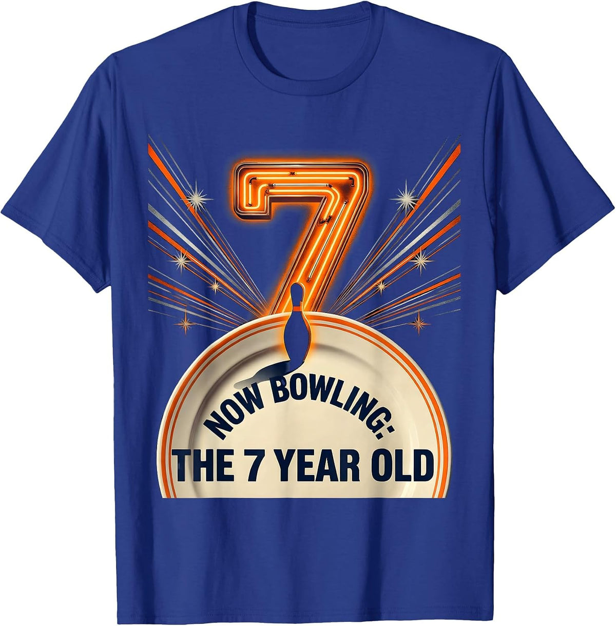 Now Bowling The 7 Year Old Retro Futurist Birthday Party T-Shirt - Royal Blue