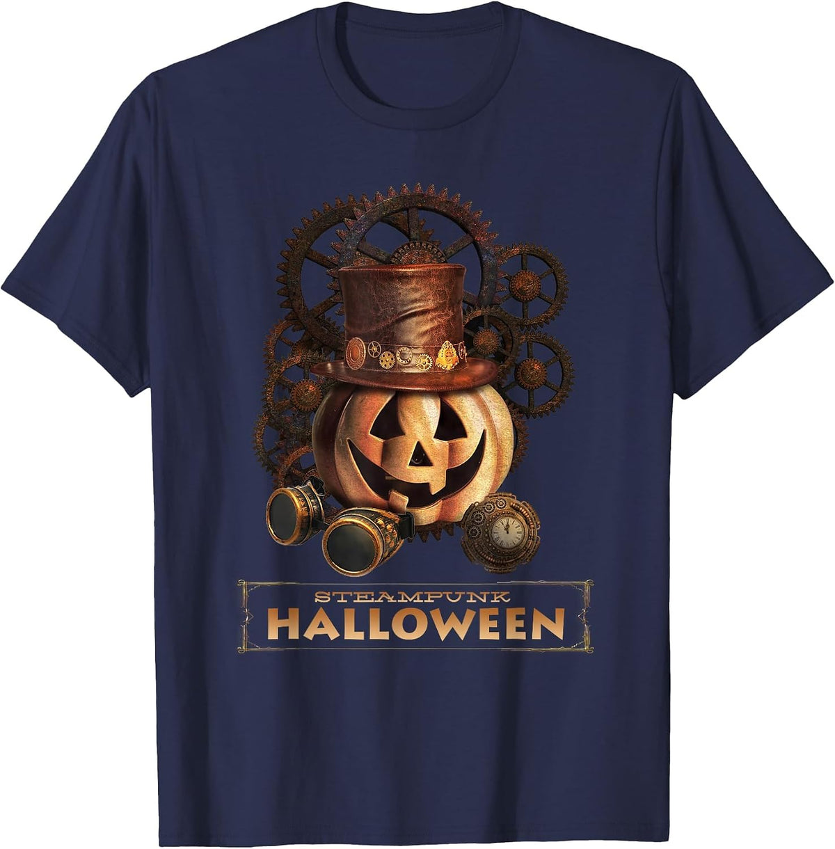 Steampunk Halloween Costumes Jack O Lantern Pumpkin Face T-Shirt - Navy Blue