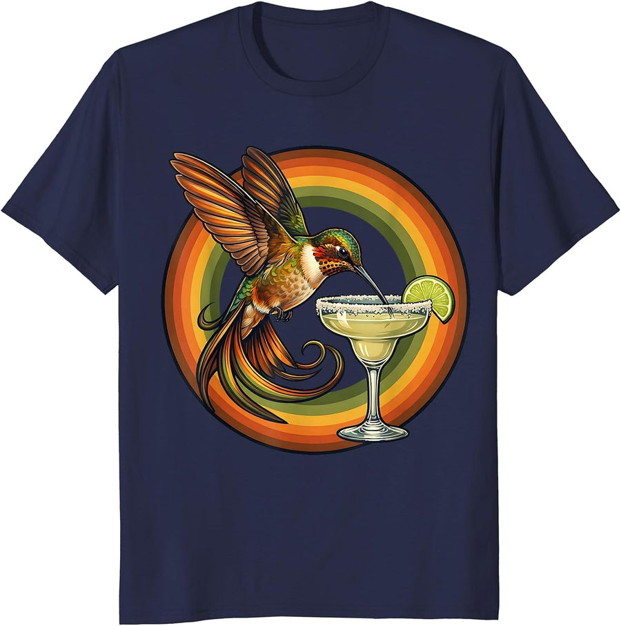 Hummingbird Margarita Sipping Cocktail Art T-Shirt - Navy Blue