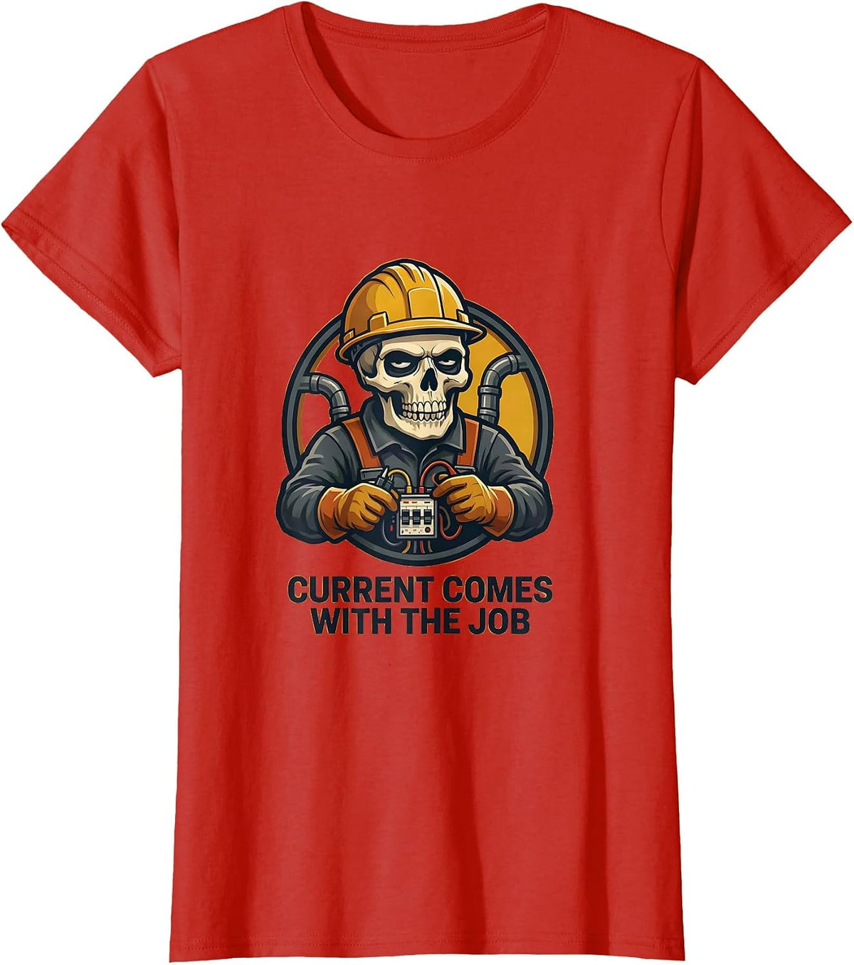 Current Comes With The Job Funny Electrician Skeleton Mascot T-Shirt - Red