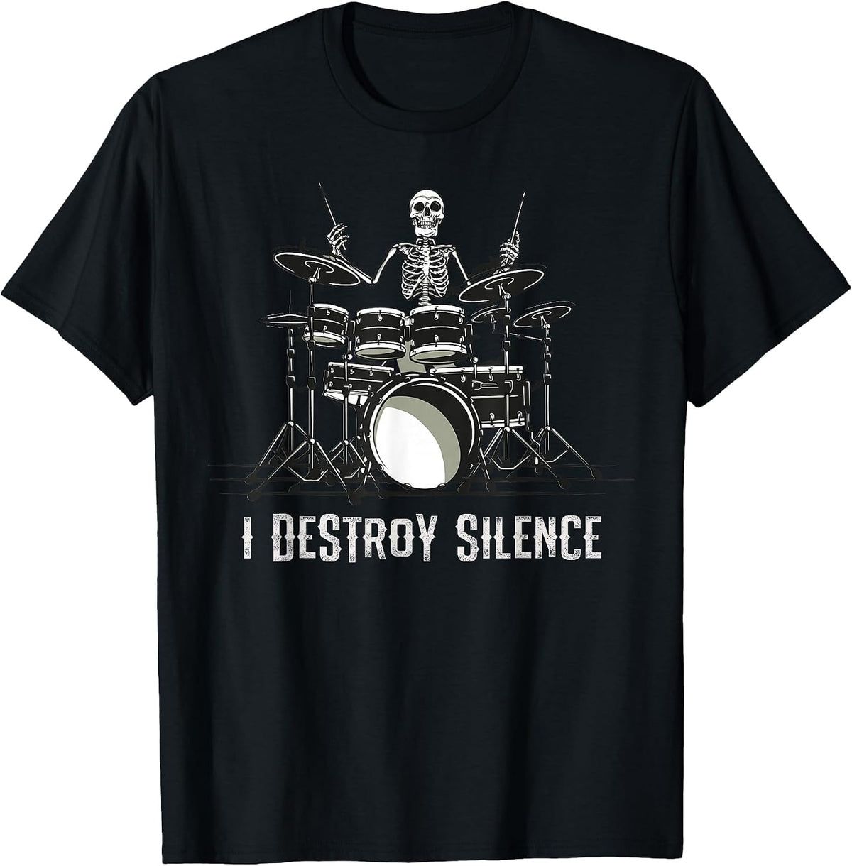 Skeleton Drummer Skull Drum Set Metal Rock Band T-Shirt - Black
