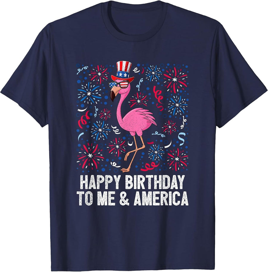 4th of July Happy Birthday to Me and America Flag Flamingo T-Shirt - Navy Blue