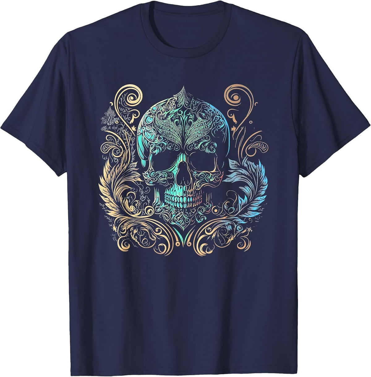 Beautiful Skull Flowers & Roses Artistic Tattoo Rock & Roll T-Shirt - Navy Blue