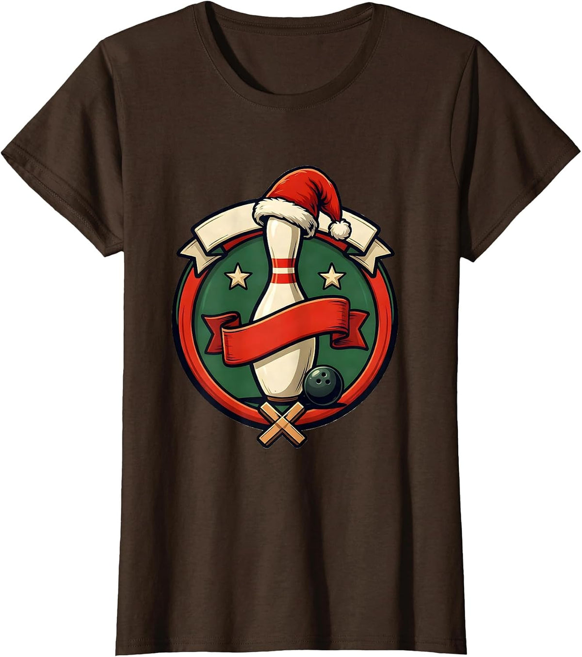 Women's Bowling Pin Santa Hat Christmas Humor Team Player T-Shirt - Brown