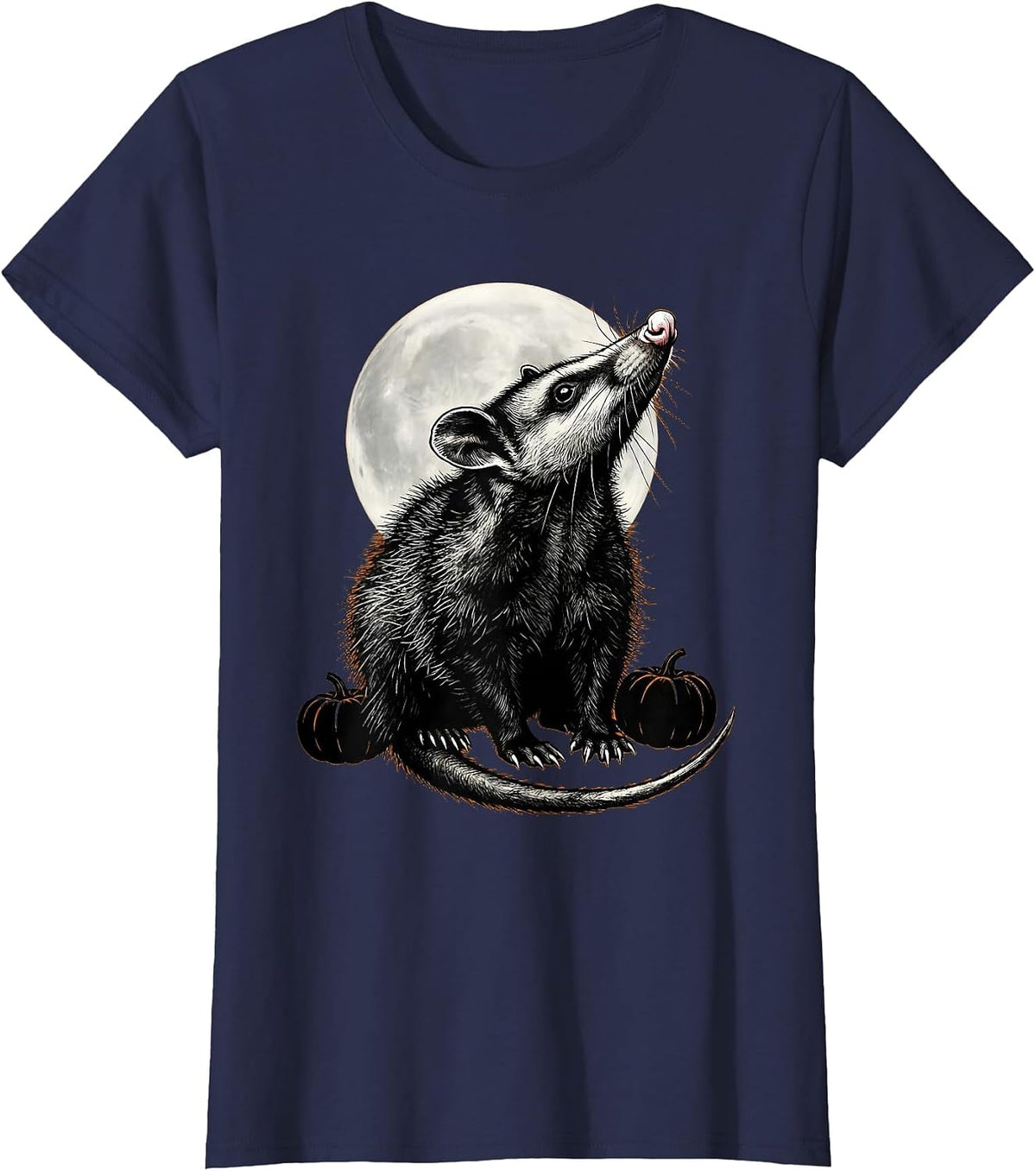Women's Opossum Moon Scratchboard Halloween Spooky Novelty T-Shirt - Navy Blue
