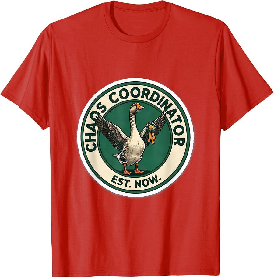 Men's Chaos Coordinator Est Now Funny Silly Goose Animal Meme T-Shirt - Red