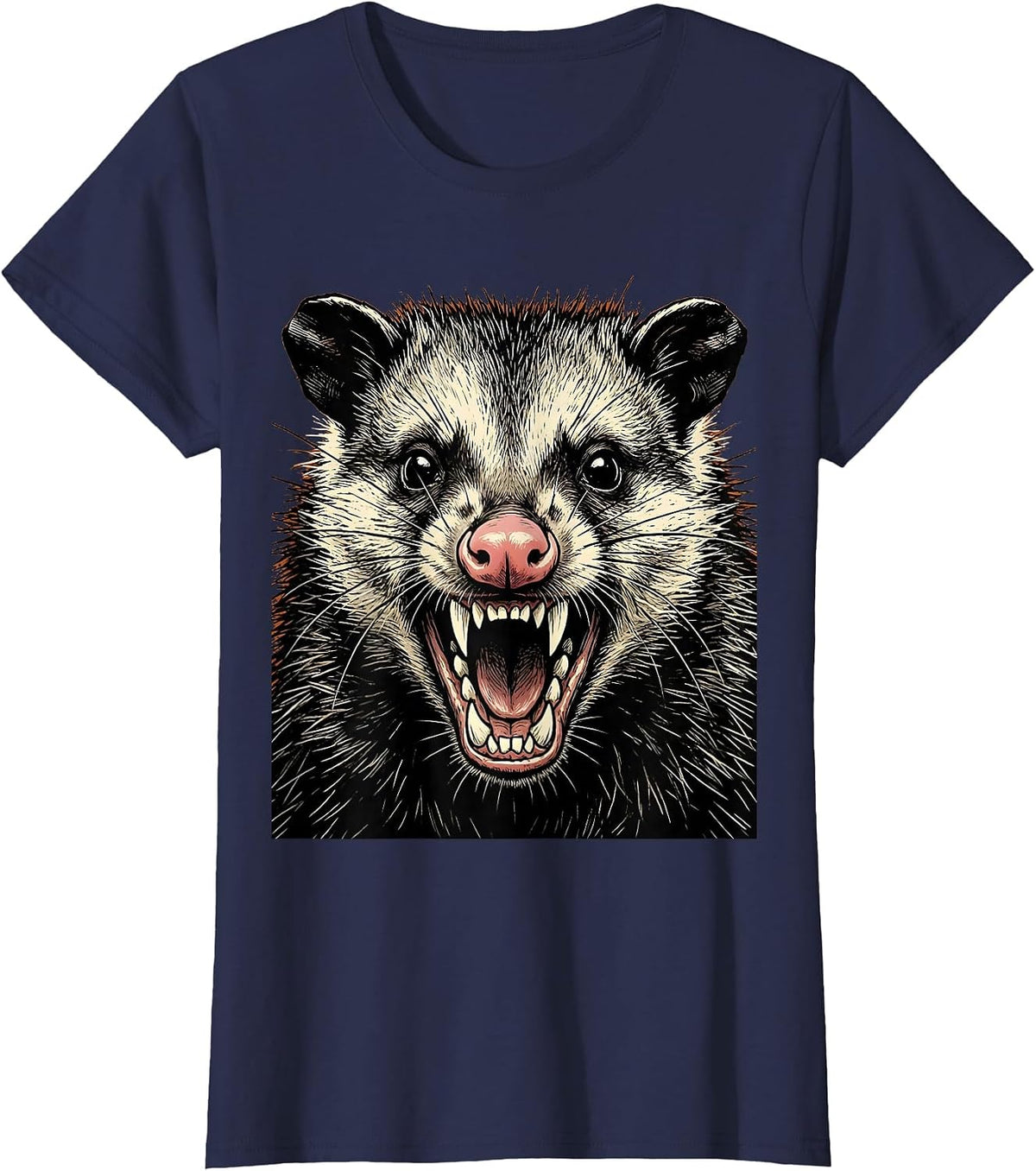Women's Snarling Opossum Close-Up Wildlife Graphic T-Shirt - Navy Blue