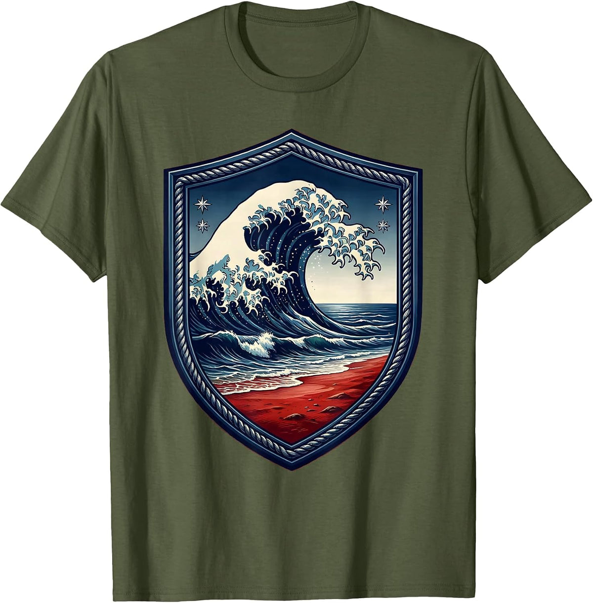 Red White and Blue Wave Crashing on Sandy Shore T-Shirt - Olive Green