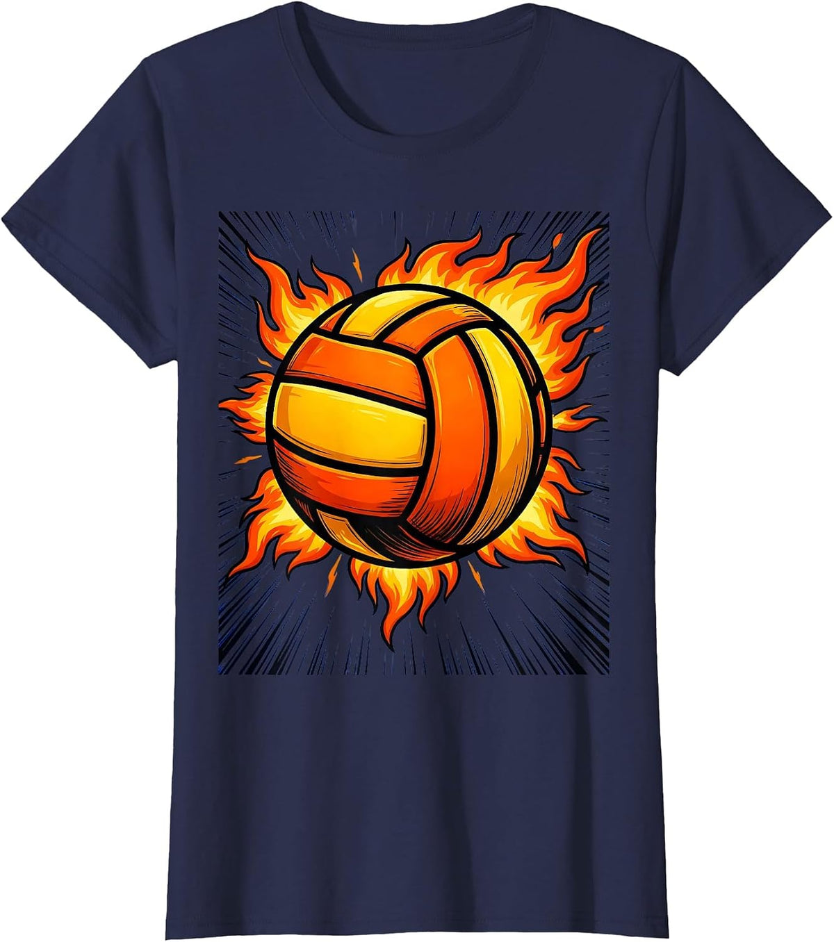 Women's Flaming Volleyball Fire Burst Graphic Tee T-Shirt - Navy Blue