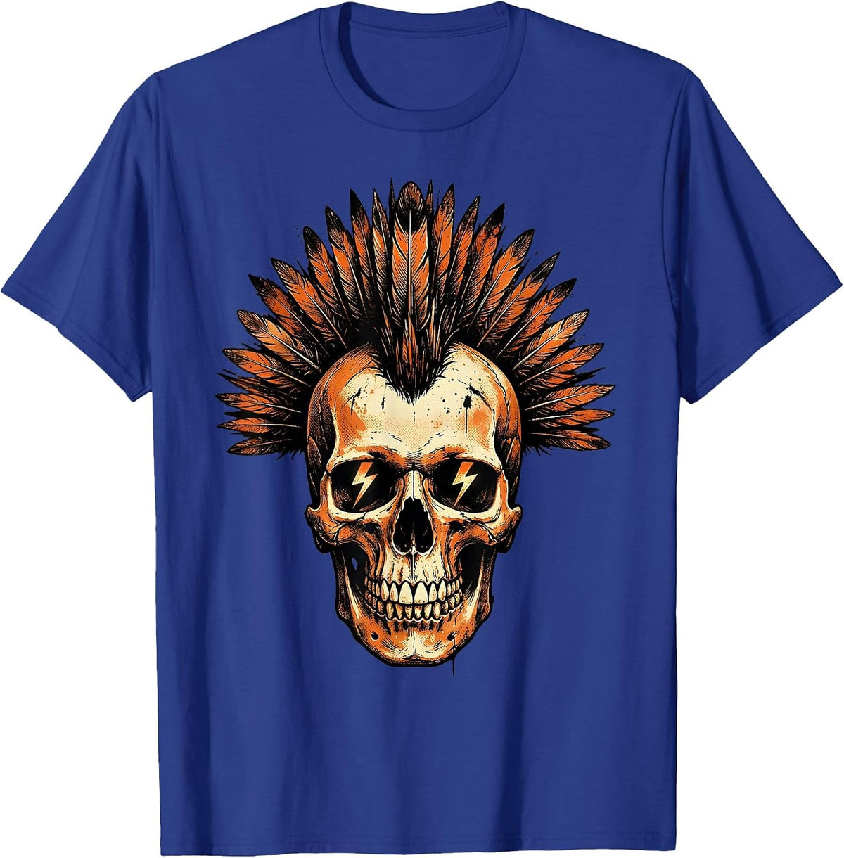 Skull Mohawk Lightning Bolt Eyes Rock Band Graphic T-Shirt - Royal Blue