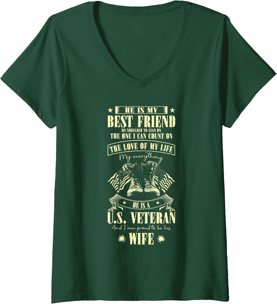 Women's Proud US Veteran Wife Saying - He is My Best Friends V-Neck T-Shirt - Dark Green