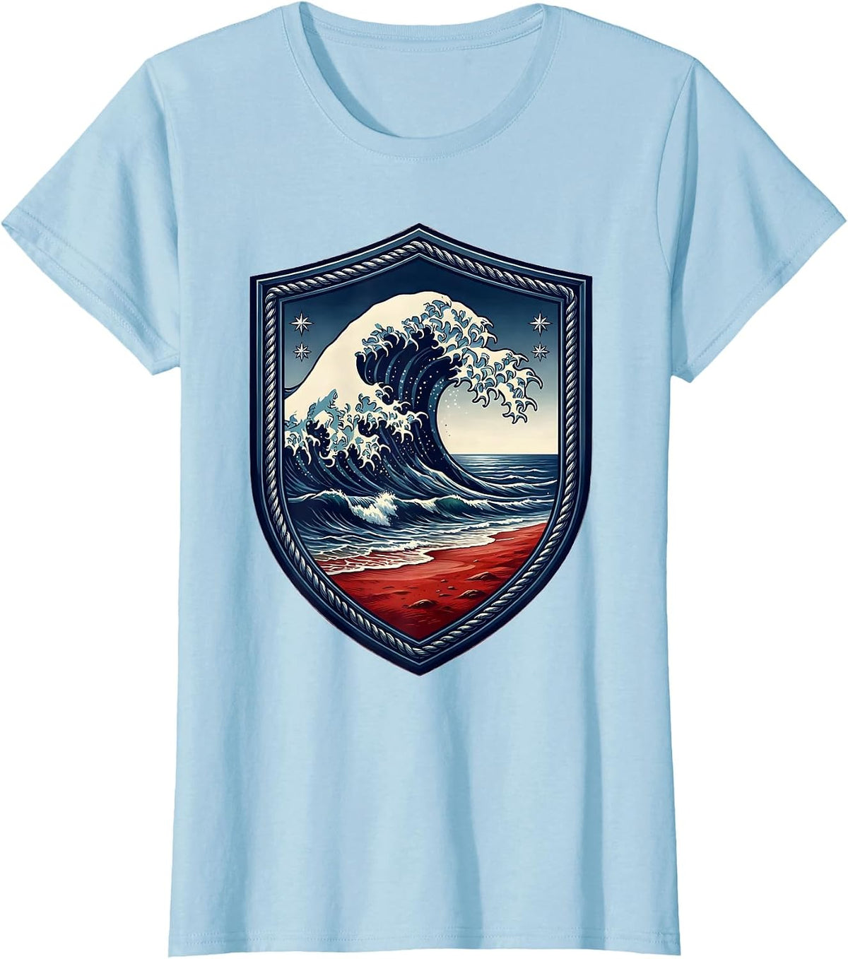 Red White and Blue Wave Crashing on Sandy Shore T-Shirt - Baby Blue
