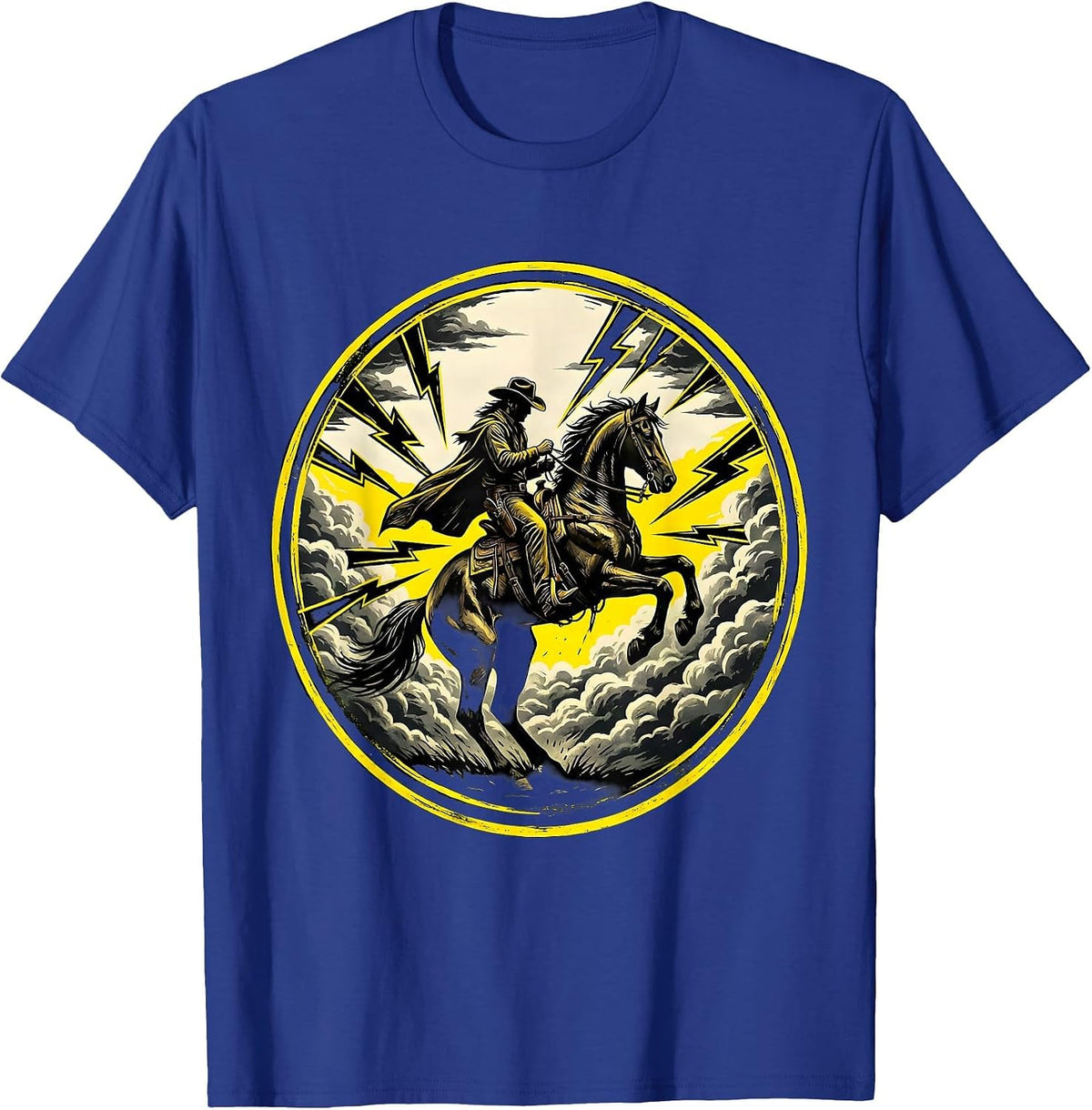 Cowboy Riding Horse Through Lightning Storm T-Shirt - Royal Blue