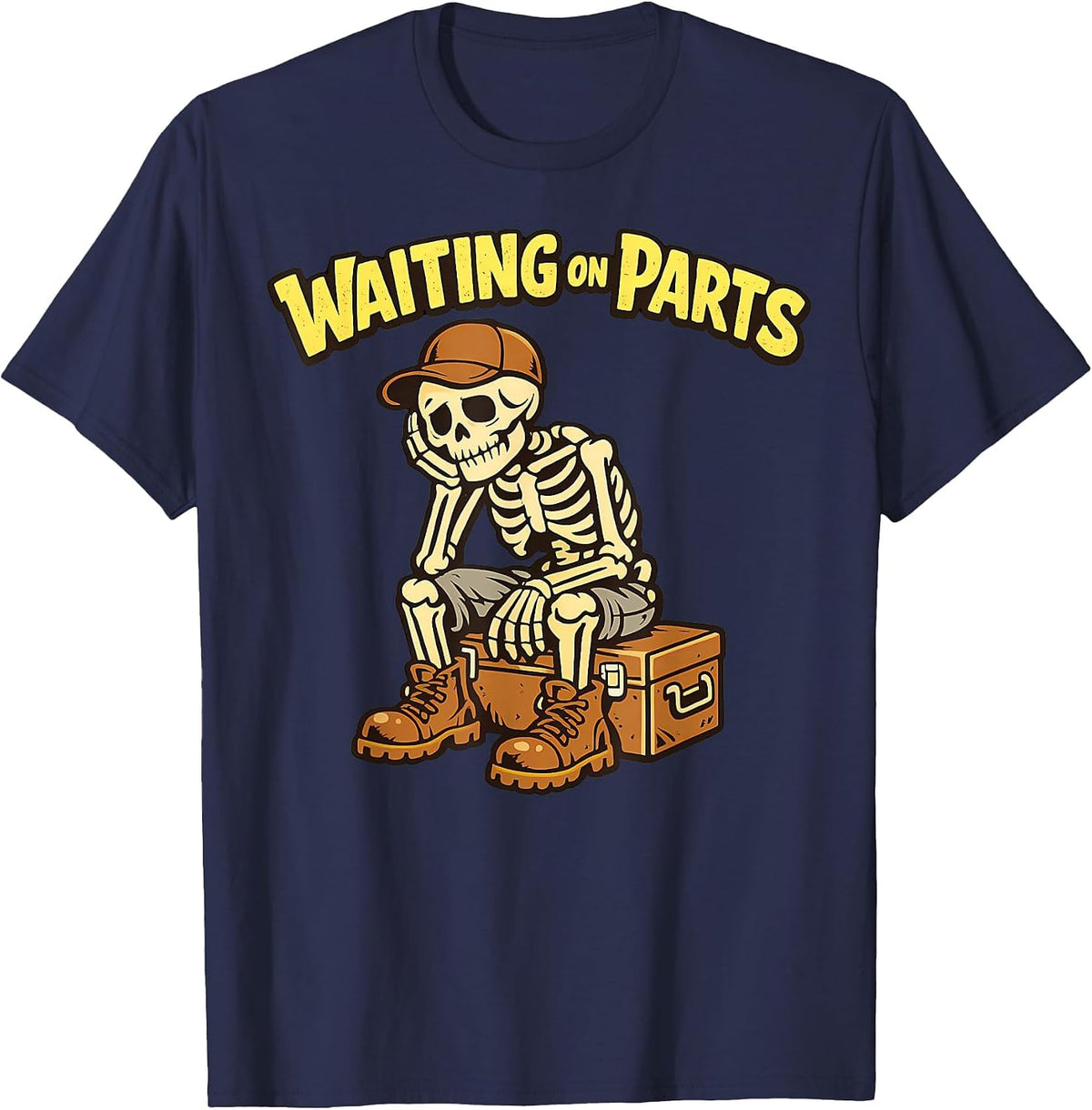 Waiting On Parts Auto Technician Skeleton Funny Mechanic T-Shirt - Navy Blue