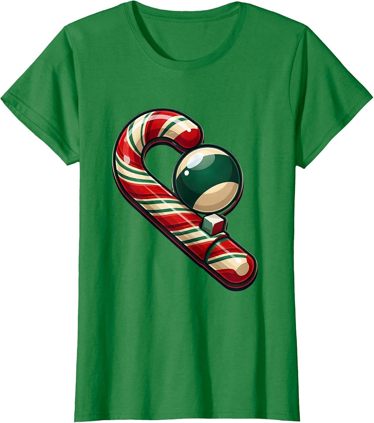 Women's Candy Cane Pool Cue Billiards Player Christmas Novelty T-Shirt - Kelly Green