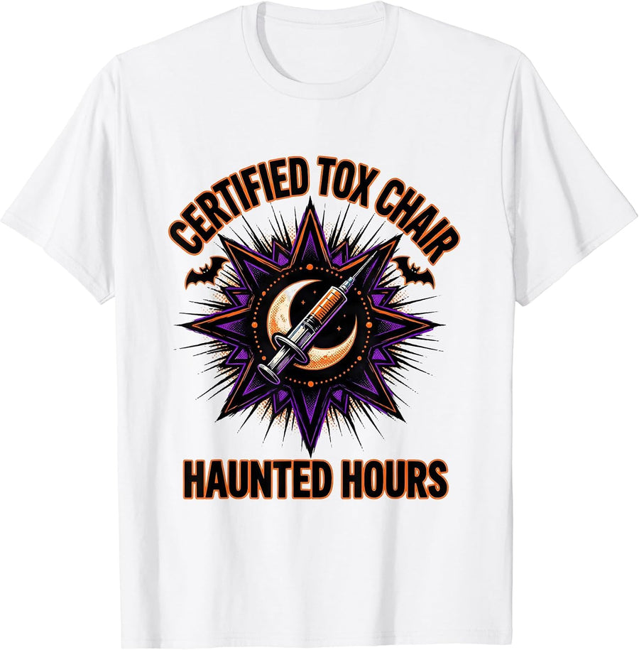 Men's Certified Tox Chair Haunted Hours Comic Book Halloween T-Shirt - White