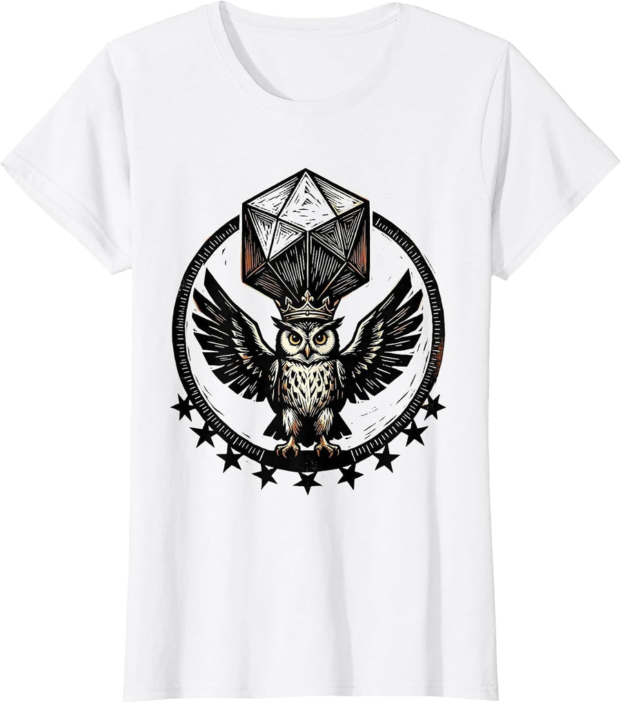 Women's Owl Die Crown Linocut Autism Meme Humor T-Shirt - White